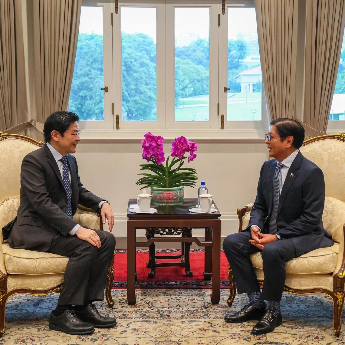 Prime Minister Lawrence Wong meeting Philippine President Ferdinand Marcos Jr in Singapore on July 15.