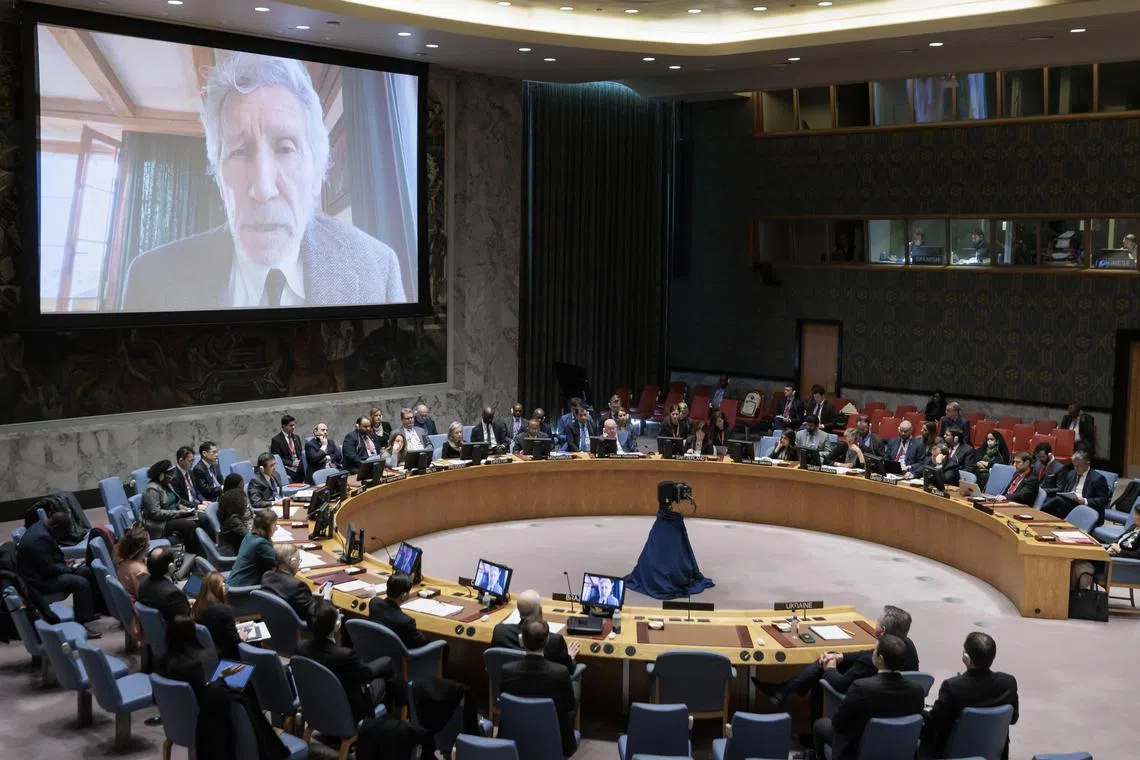 British musician Roger Waters delivers a speech via video to a UN Security Council meeting called by Russia about weapons given to Ukraine.