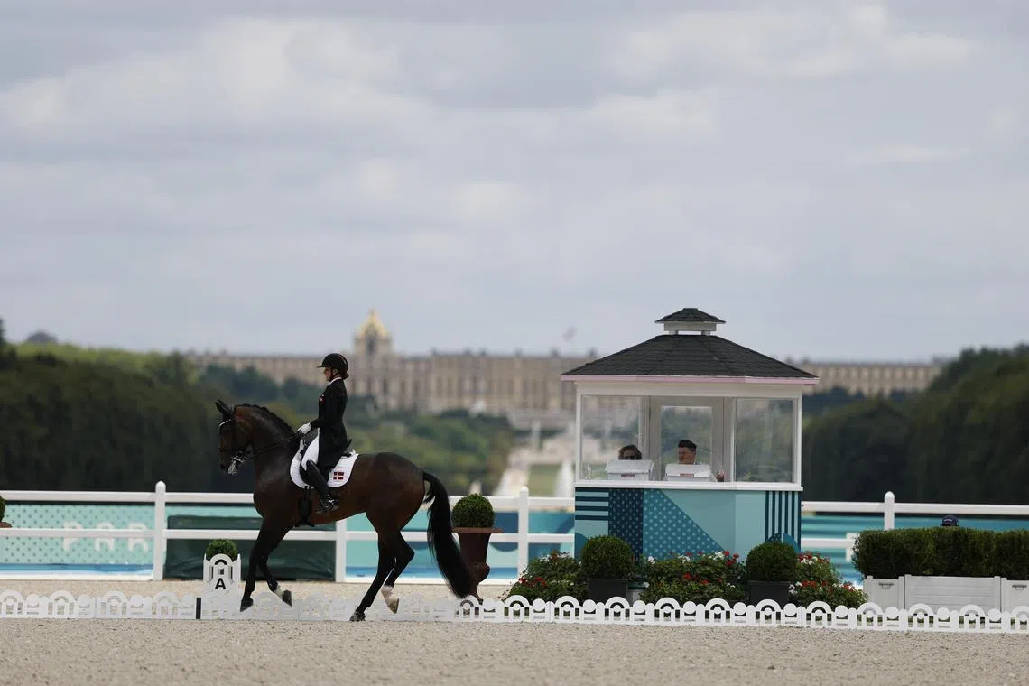 epa11522413 Catherine Laudrup-Dufour of Denmark riding Freestyle competes in the Dressage Team Grand Prix of the Equestrian Dressage competitions in the Paris 2024 Olympic Games, at the Chateau de Versailles in Versailles, France, 03 August 2024.  EPA-EFE/CAROLINE BREHMAN