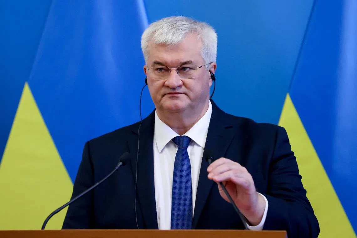 FILE PHOTO: Ukraine's Foreign Minister Andrii Sybiha attends a joint press conference with Hungary's Foreign Minister Peter Szijjarto (not pictured), in Budapest, Hungary September 30, 2024. REUTERS/Bernadett Szabo/File Photo