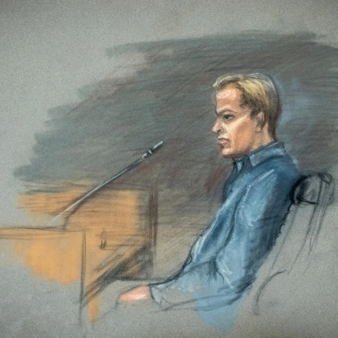 A court sketch shows Marius Borg Hoiby in the witness box in room 250 of the Oslo Courthouse, Oslo, Norway, February 5, 2026. NTB/Ane Hem/via REUTERS