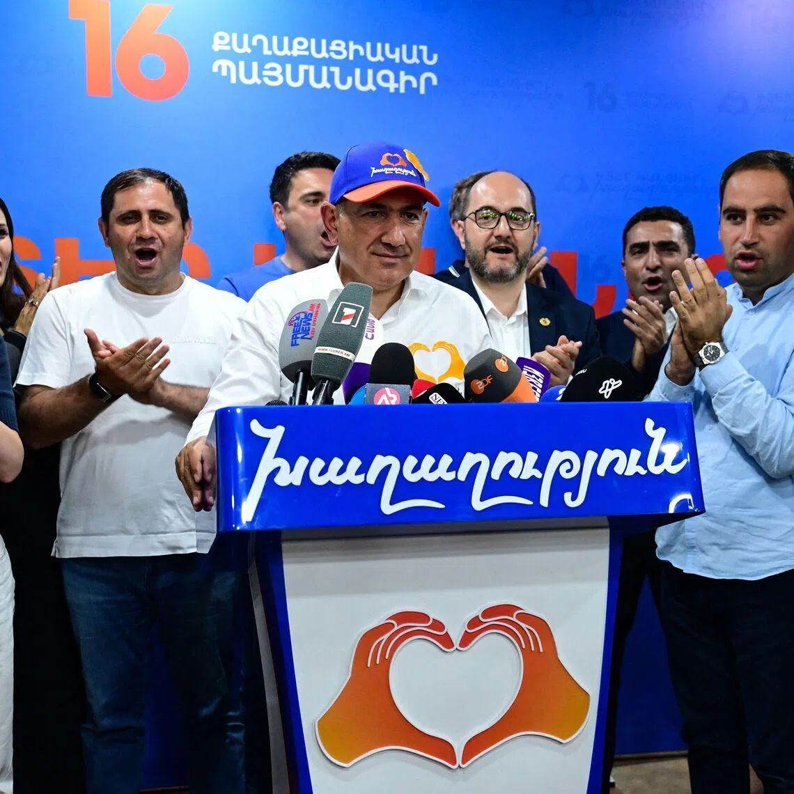 Armenian Prime Minister Nikol Pashinyan holds a press conference following at his Civil Contract party's headquarters in Yerevan early on June 8. His party won 49.8 per cent of votes.