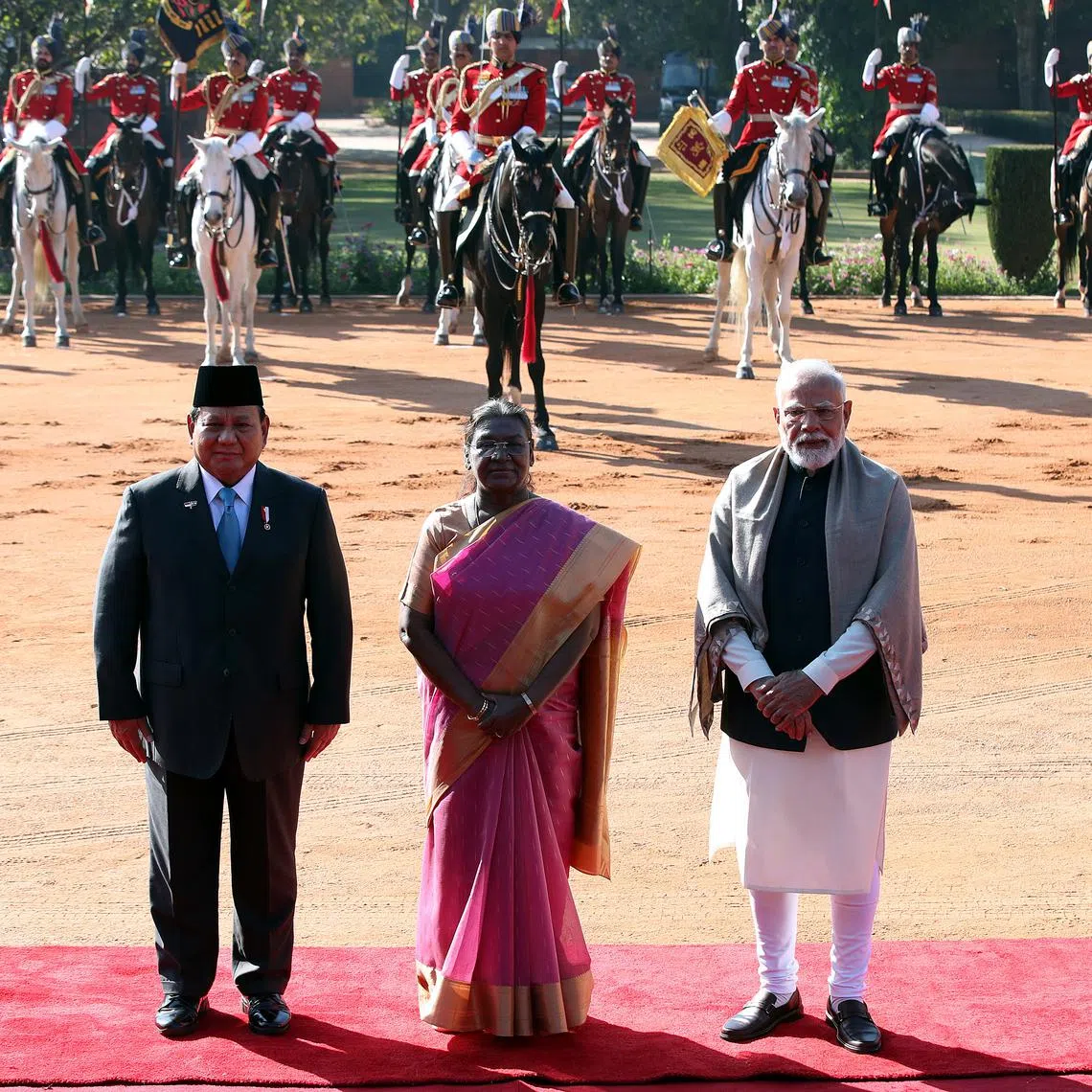 (From left) Indonesia’s President Prabowo Subianto with Indian President Droupadi Murmu and PM Narendra Modi at the President's House in New Delhi, on Jan 25.