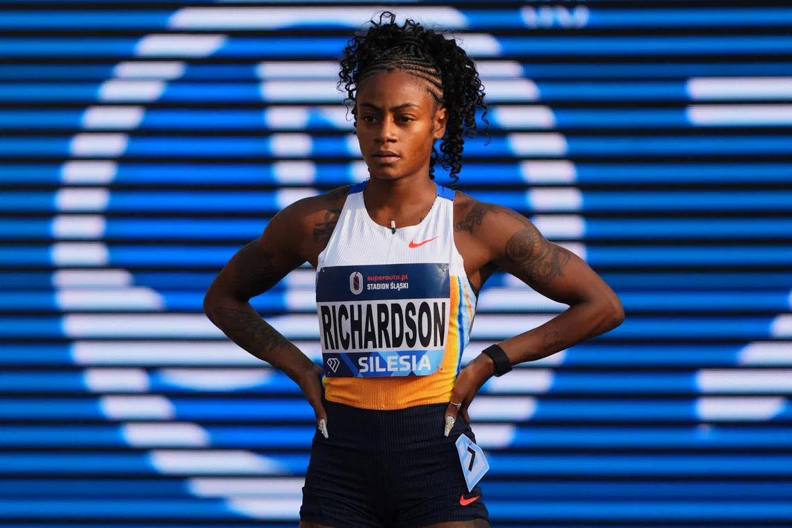 Sha'Carri Richardson of the United States before the start of the women's 100m final of the Diamond League Silesia meet in Chorzow, Poland, on Aug 16, 2025.