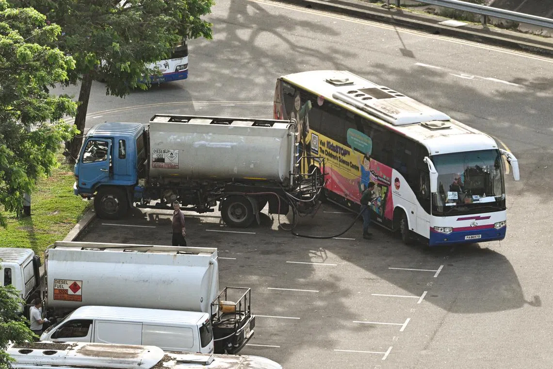 A tanker illegally dispenses fuel at Tampines North Drive 3 Heavy Vehicle Park, on Feb 24, 2023.