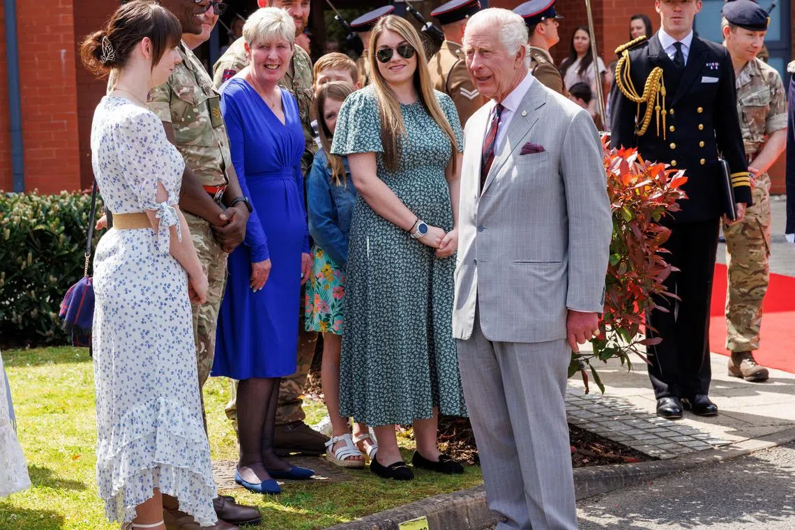 Britain's King Charles visits the 3 Royal School of Military Engineering (RSME), the training base for the Army’s Royal Engineers, in Minley, Britain, May 9, 2024.  Jonathan Buckmaster/Pool via REUTERS