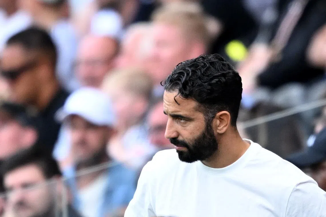 FILE PHOTO: Soccer Football - Premier League - Fulham v Manchester United - Craven Cottage, London, Britain - August 24, 2025 Manchester United manager Ruben Amorim reacts Action Images via Reuters/Dylan Martinez/File Photo