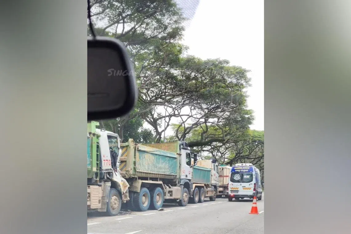 SCDF and the police were alerted to the accident involving three tipper trucks and a tanker truck on the ECP towards PIE at about 2.30pm on Aug 15.
