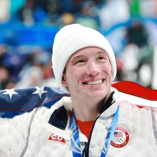 Gold medalist Alex Ferreira from the USA celebrates after the men's freeski halfpipe finals at the Milano Cortina Olympics on Feb 20, 2026.