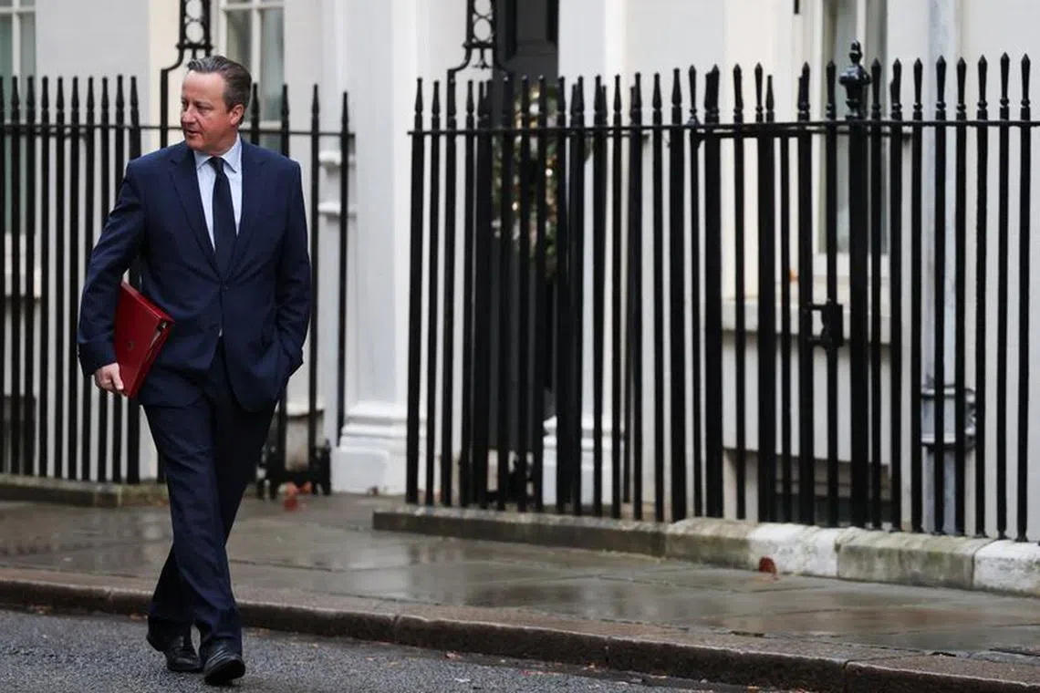 FILE PHOTO: British Secretary of State for Foreign, Commonwealth and Development Affairs David Cameron walks outside 10 Downing Street in London, Britain, December 12, 2023. REUTERS/Hannah McKay