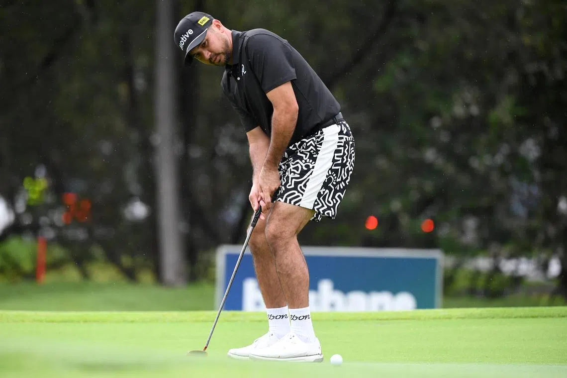 epa11730174 Jason Day plays a shot during the Pro Am prior to the Australian PGA golf tournament at the Royal Queensland Golf Club in Brisbane, Australia, 20 November 2024.  EPA-EFE/JONO SEARLE AUSTRALIA AND NEW ZEALAND OUT