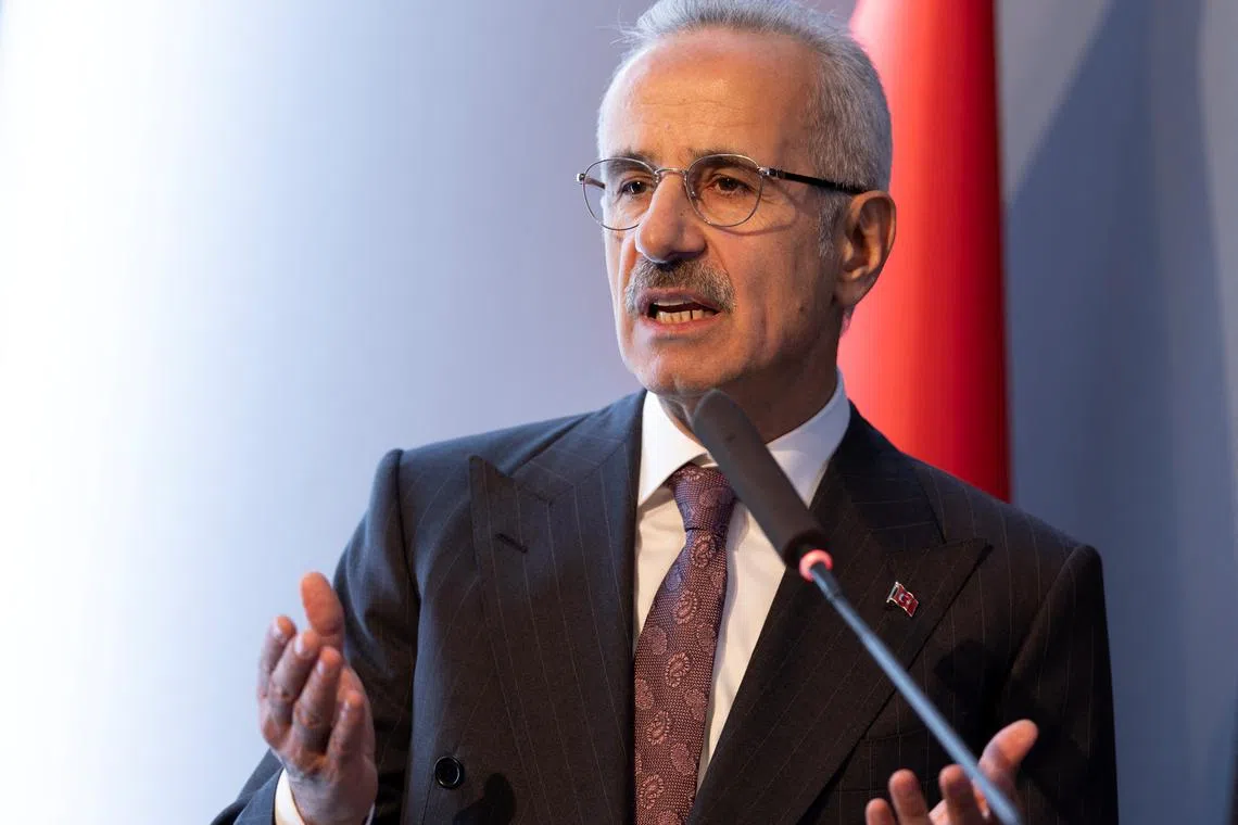 FILE PHOTO: Turkey's Minister of Transport and Infrastructure Abdulkadir Uraloglu addresses the audience during a signing ceremony in Istanbul, Turkey, April 29, 2024. REUTERS/Umit Bektas/File Photo