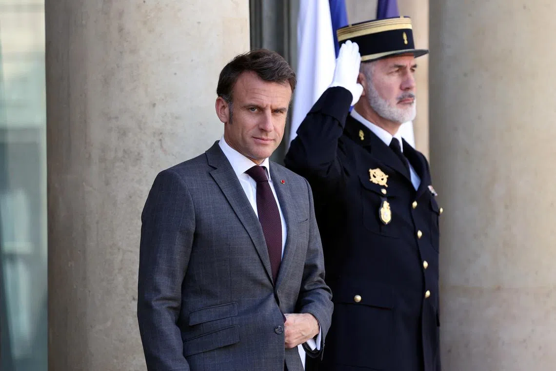 French President Emmanuel Macron waits for the arrival of Albania's Prime Minister Edi Rama (not seen) at the Elysee Palace in Paris, France, April 12, 2024. REUTERS/Manon Cruz