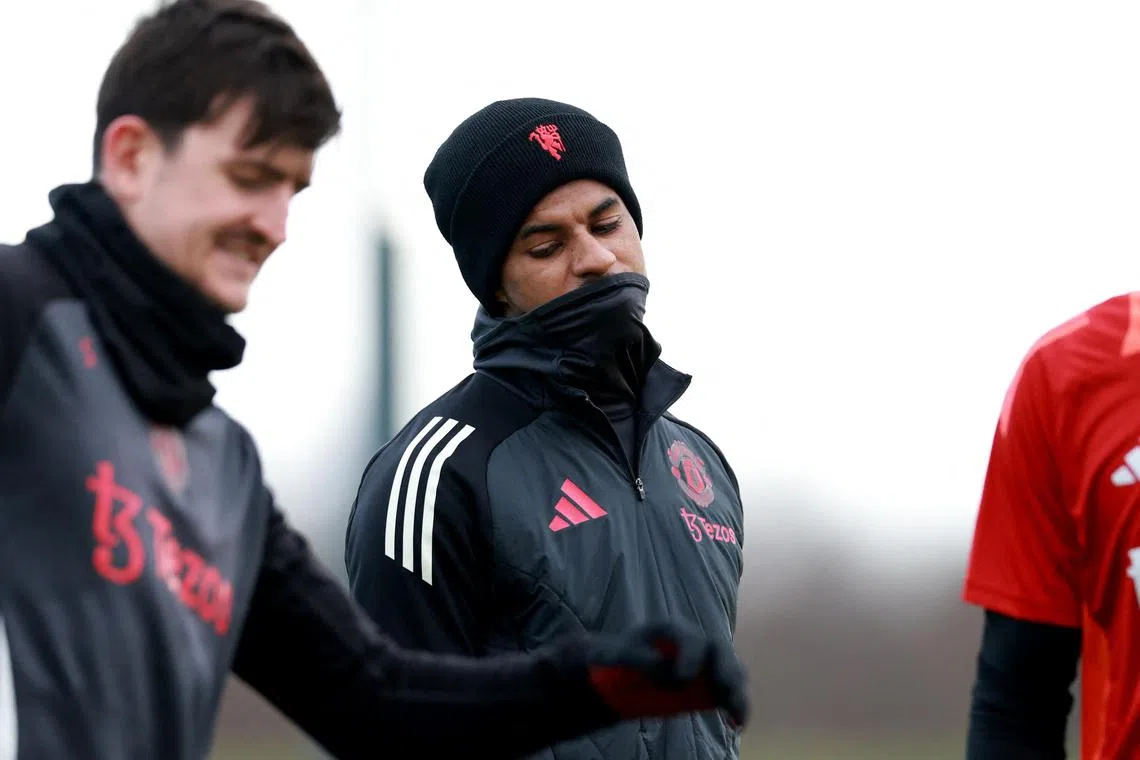Manchester United's Marcus Rashford (right) with Harry Maguire during training on Jan 29.