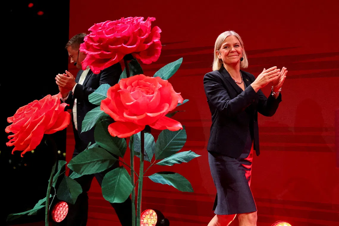FILE PHOTO: Swedish Social Democratic Party Magdalena Andersson claps on stage as the general election's voting results are released in Stockholm, Sweden, September 13, 2026. REUTERS/Denis Balibouse/File Photo/File Photo
