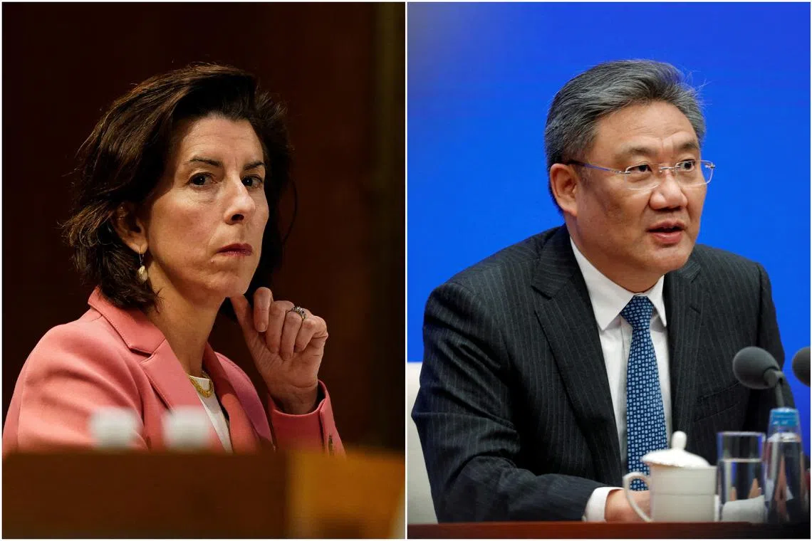 US Commerce Secretary Gina Raimondo (left)  and Chinese Commerce Minister Wang Wentao traded barbs on trade, investment and export policies.