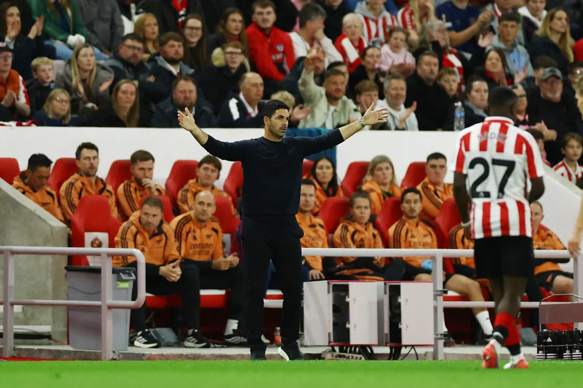 Arsenal manager Mikel Arteta reacting in their 2-0 win over Sunderland on Sept 12. His side were accused of time-wasting in their match against Brighton in March.