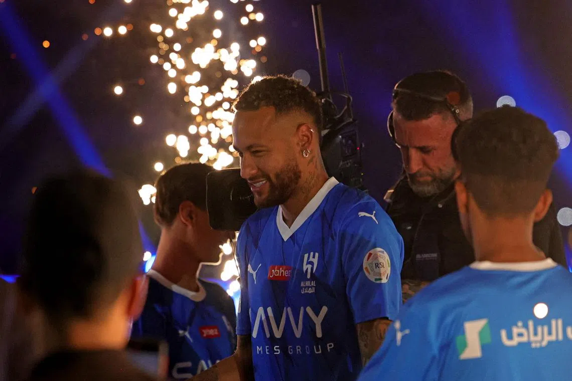 Flame-throwers and a volley of fireworks lit up the Riyadh sky as the flamboyant forward appeared on the pitch in Al-Hilal’s blue kit.