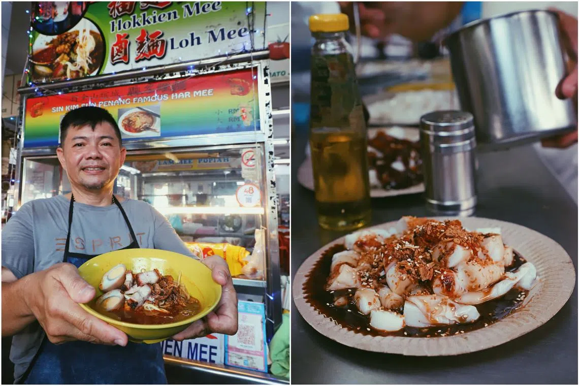 Ah Soon Kor Hokkien Mee (left) is known for its prawn noodles with a spicy prawn and meat broth. Grandpa Ong Penang Chee Cheong Fun is topped with a combination of chilli and sweet sauce, and “hei ko” (prawn paste) infused with peanut butter.  