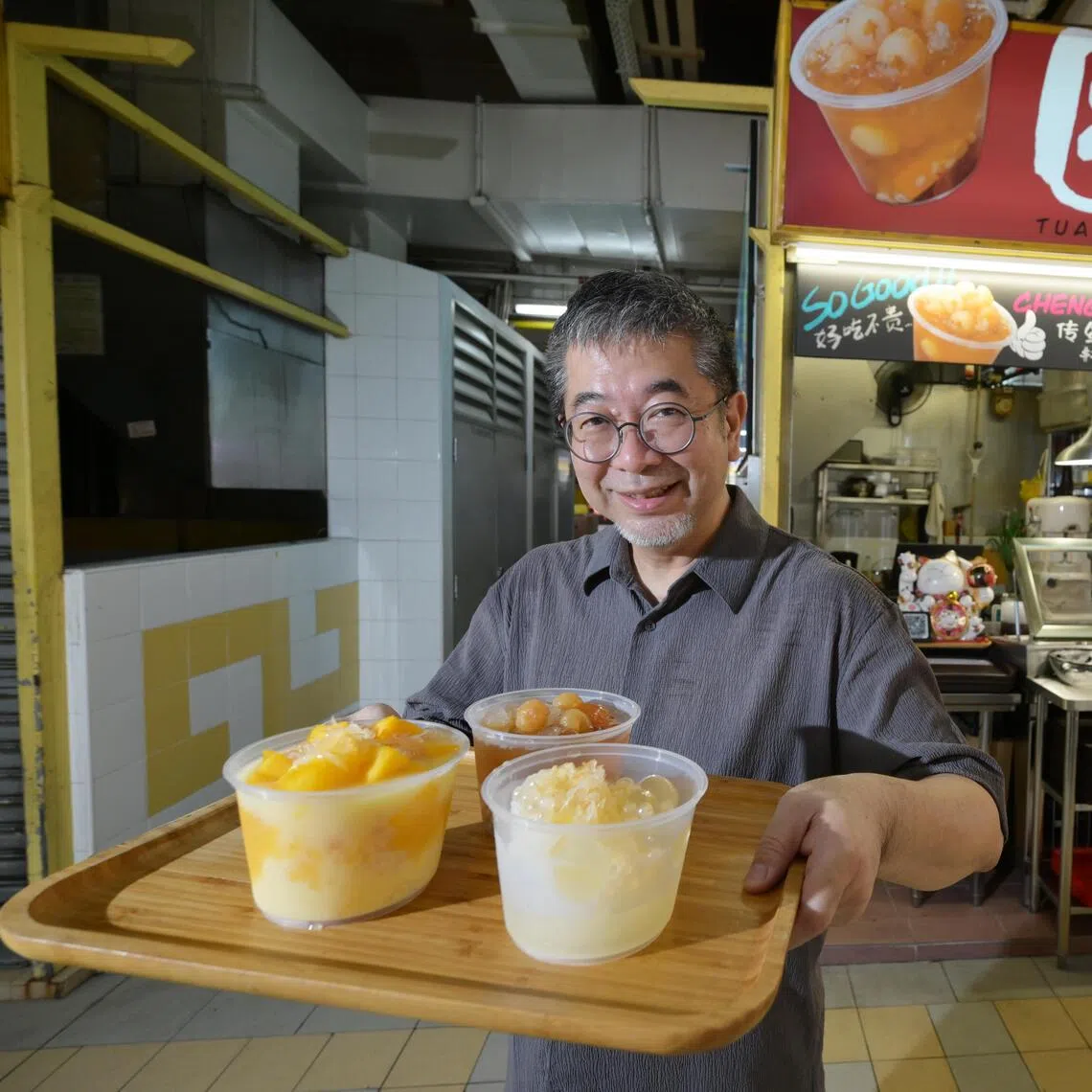 After spending years abroad in Beijing, Singaporean interior designer Patrick Tay now runs hawker stall Tuan Tuan Yuan Yuan in Chinatown Complex selling desserts like Cheng Tng, Yuzu Ice and Mango Sago.  His daughter, Nichole Tay, 28, founder of storytelling social app Phases currently helps out at the stall.