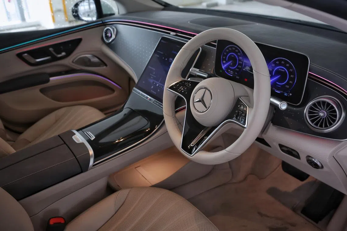 Luxurious interior of a Mercedes Benz EQS450+.
