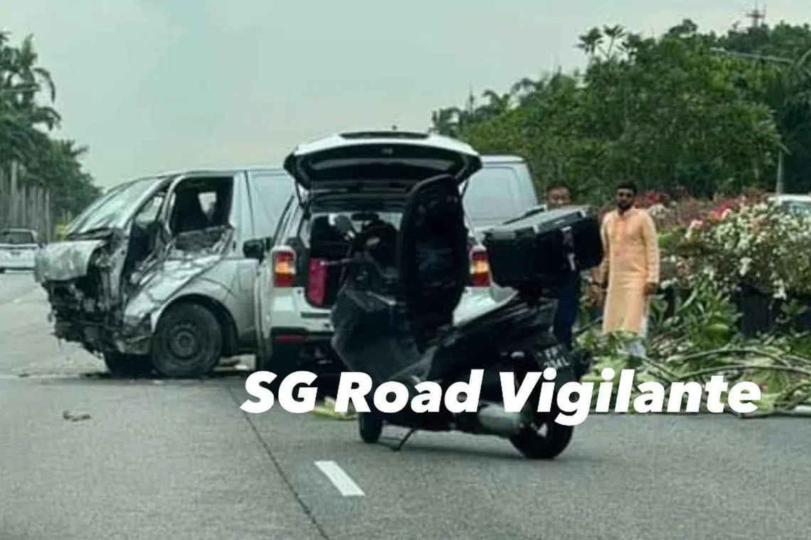 A light-coloured van crashed through the central divider of the East Coast Parkway on Friday afternoon.