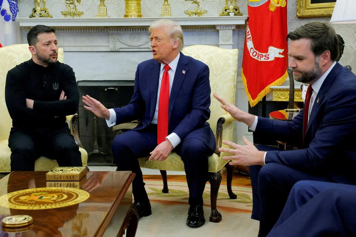 The heated exchange between Mr Donald Trump (centre) and Vice-President JD Vance (right) on one side and Mr Volodymyr Zelensky (left) on the other has left the already fractious relations with the new US administration in tatters.