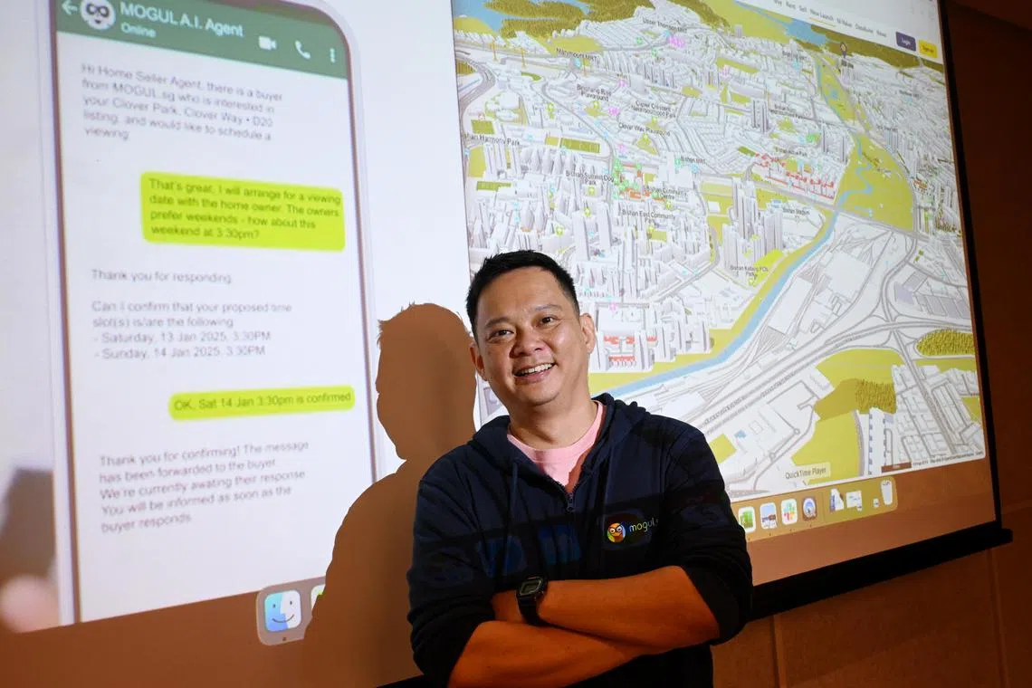 ST20250205_202519000643 Kua Chee Siong/ ocmogul05/ 

Profile of Mogul founder Gerald Sim at the demonstration session of its AI property agent called Maia, at the JustCo co-working office space at Centrepoint shopping mall, on Feb 5, 2025. 

Singapore's s first AI property agent to help buyers search listings and book appointments

This new service offers a game-changing approach to property search by aggregating and curating property listings on major real estate portals in Singapore, saving users hours of searching across multiple websites.

The AI also eliminates the need for home buyers to manually coordinate viewings with multiple seller agents by automating the process via WhatsApp.