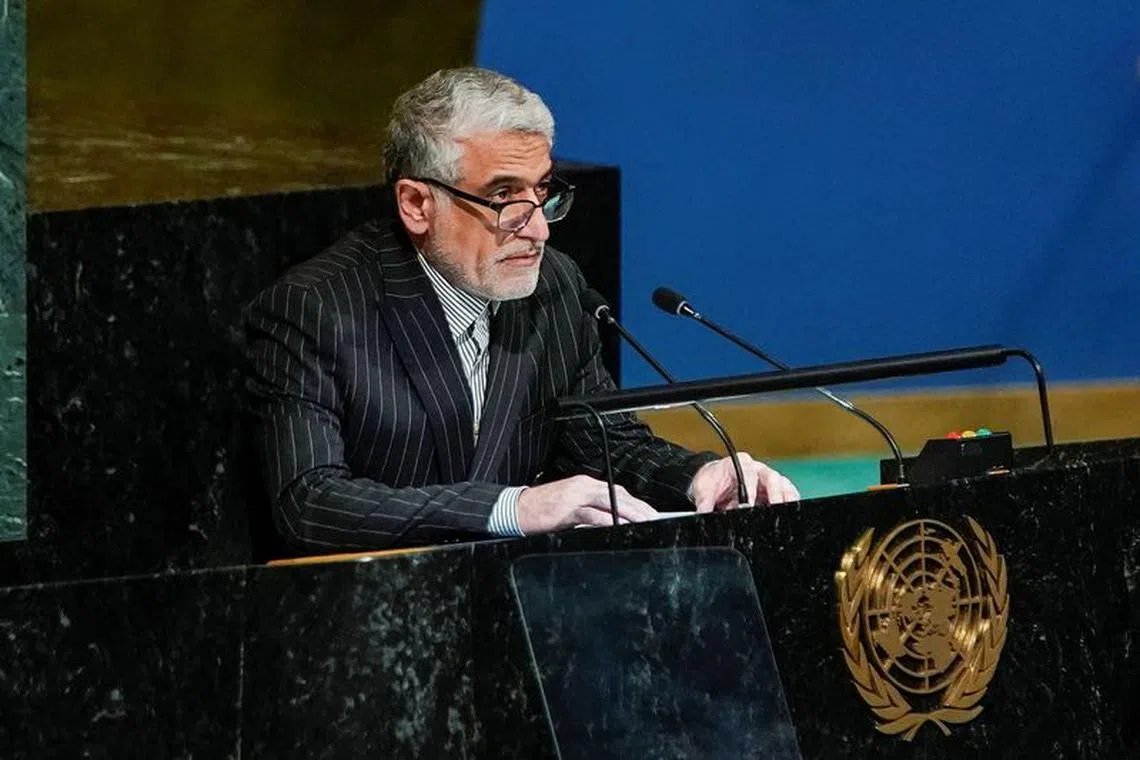 FILE PHOTO: Iran’s Ambassador to the United Nations Amir Saeid Iravani speaks to delegates before a vote on a resolution recognizing Russia must be responsible for reparation in Ukraine at the United Nations Headquarters in New York, U.S., November 14, 2022. REUTERS/Eduardo Munoz/File photo