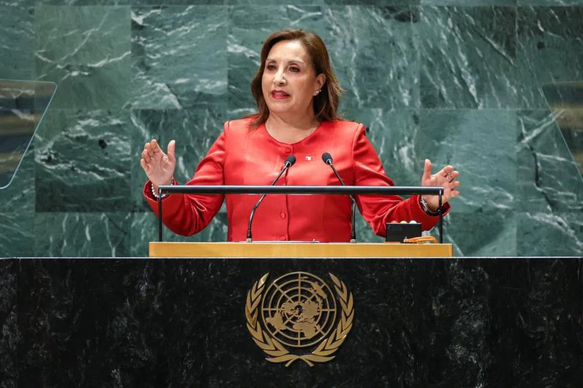 FILE PHOTO: Peru's president Dina Boluarte addresses the 78th Session of the U.N. General Assembly in New York City, U.S., September 19, 2023.  REUTERS/Eduardo Munoz/File Photo