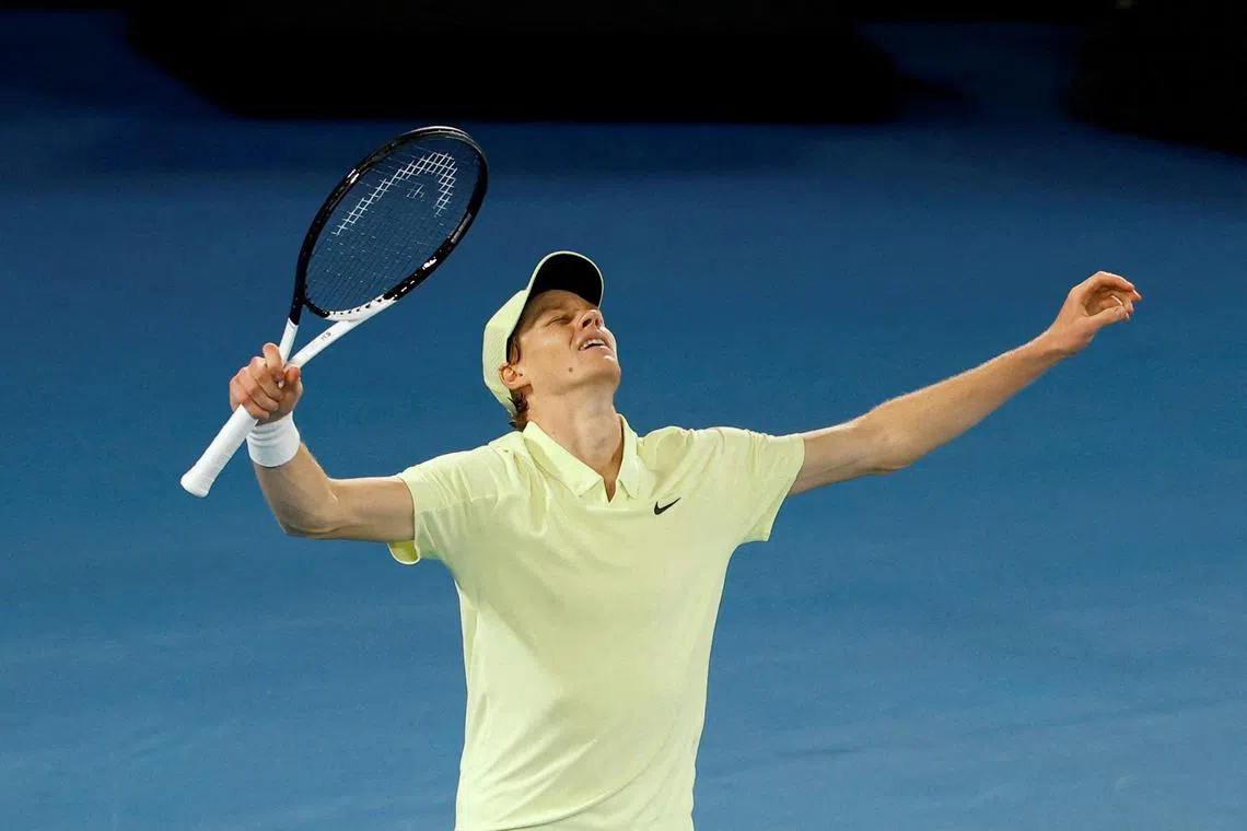 FILE PHOTO: Tennis - Australian Open - Melbourne Park, Melbourne, Australia - January 26, 2025 Italy's Jannik Sinner celebrates winning the final against Germany's Alexander Zverev REUTERS/Kim Kyung-Hoon/File Photo