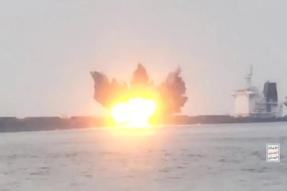 FILE PHOTO: View of an explosion on a ship that Houthis say is an attack by them on Greek-owned MV Tutor in the Red Sea, dated June 12, 2024, in this screen grab obtained from a video. HOUTHI MEDIA CENTRE/Handout via REUTERS/File Photo