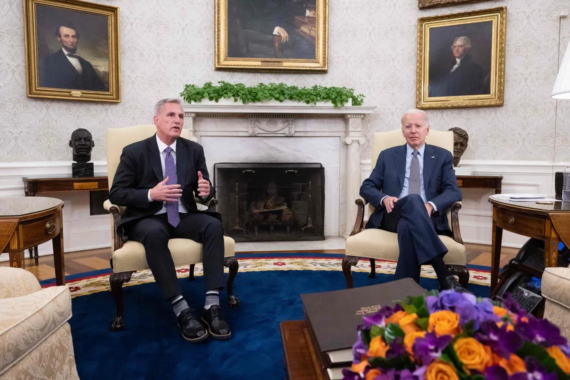 US President Joe Biden (right) meeting US House Speaker Kevin McCarthy in the Oval Office on May 22, 2023. 