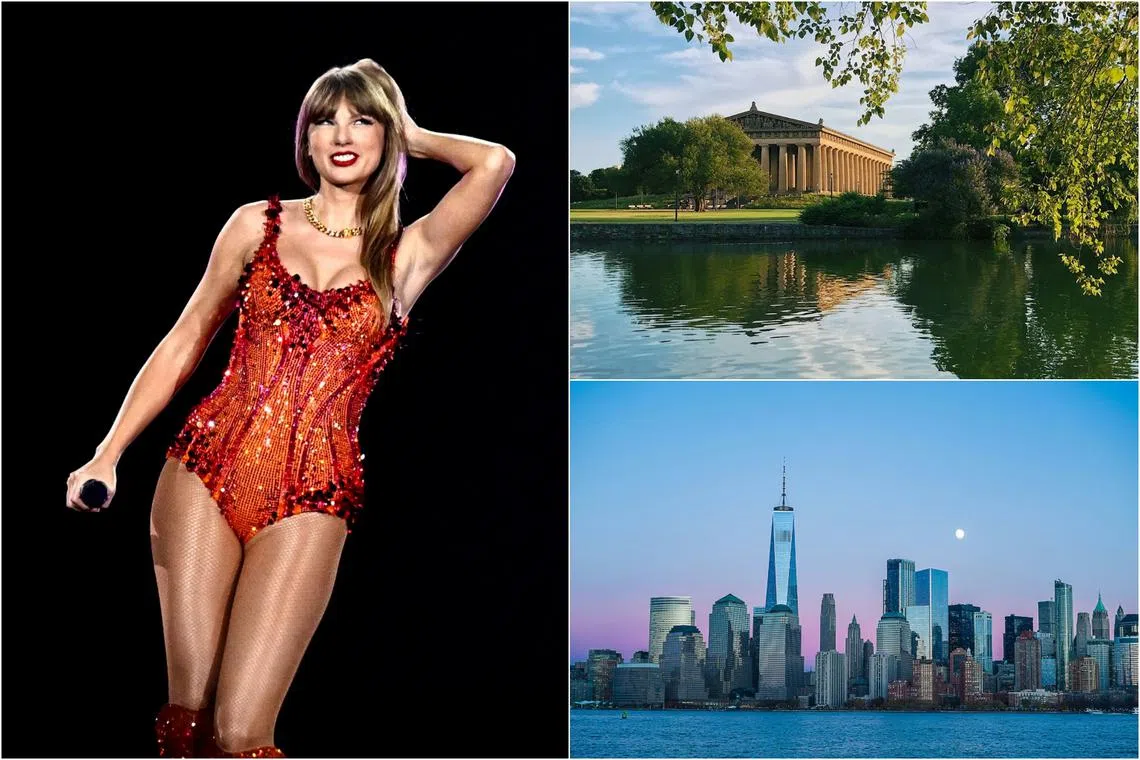 Centennial Park in Nashville (top right) and New York City are two of the many locations mentioned in Taylor Swift songs.