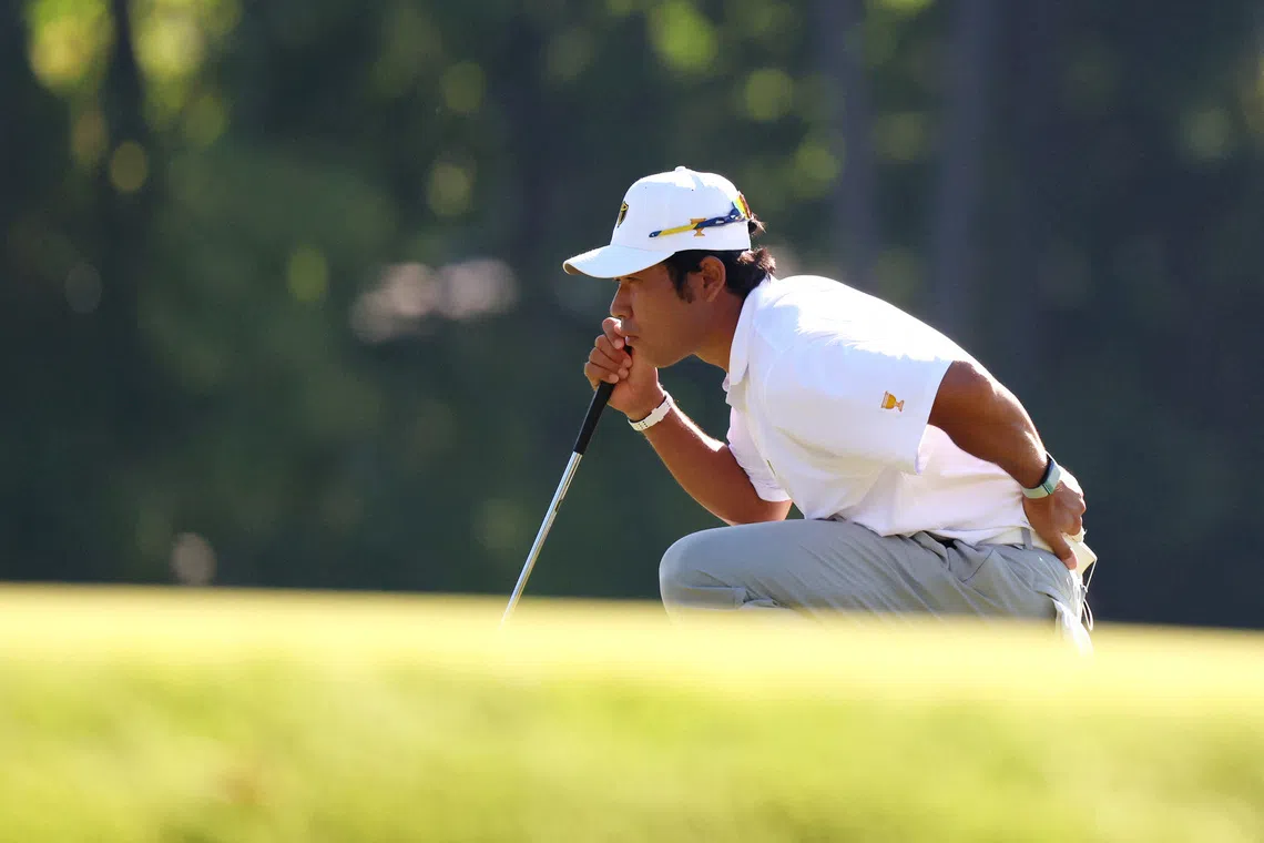 Sep 26, 2026; Medinah, Illinois, USA;  Hideki Matsuyama of the International Team lines up a putt on the sixth green during the third round of the Presidents Cup.  Mandatory Credit: Jerod Ringwald-Imagn Images