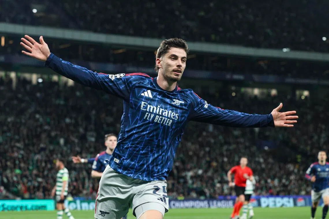 Arsenal's Kai Havertz celebrating after scoring the winner against Sporting Lisbon in the Gunners' 1-0 away win in the first leg of their Champions League quarter-final on April 7. 