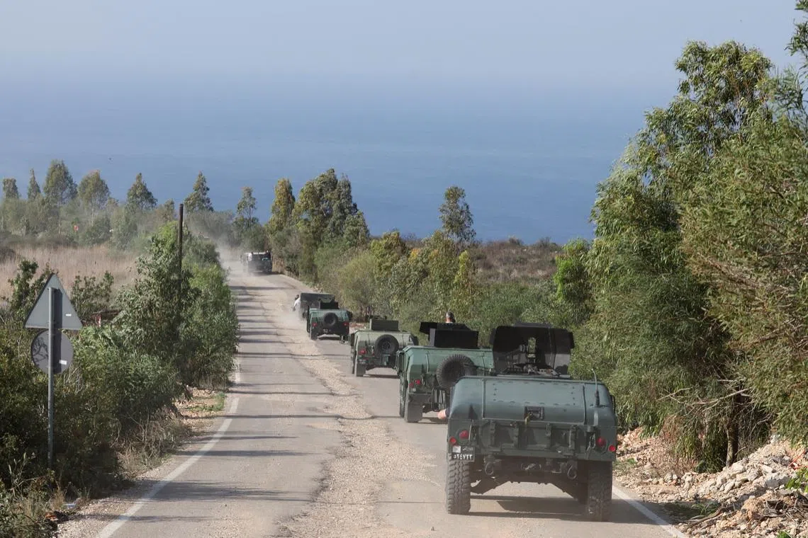 Lebanese army members drive military vehicles during a Lebanese army media tour, to review the army's operations in the southern Litani sector, in Naqoura, near the border with Israel, southern Lebanon, November 28, 2025. REUTERS/Aziz Taher/File Photo