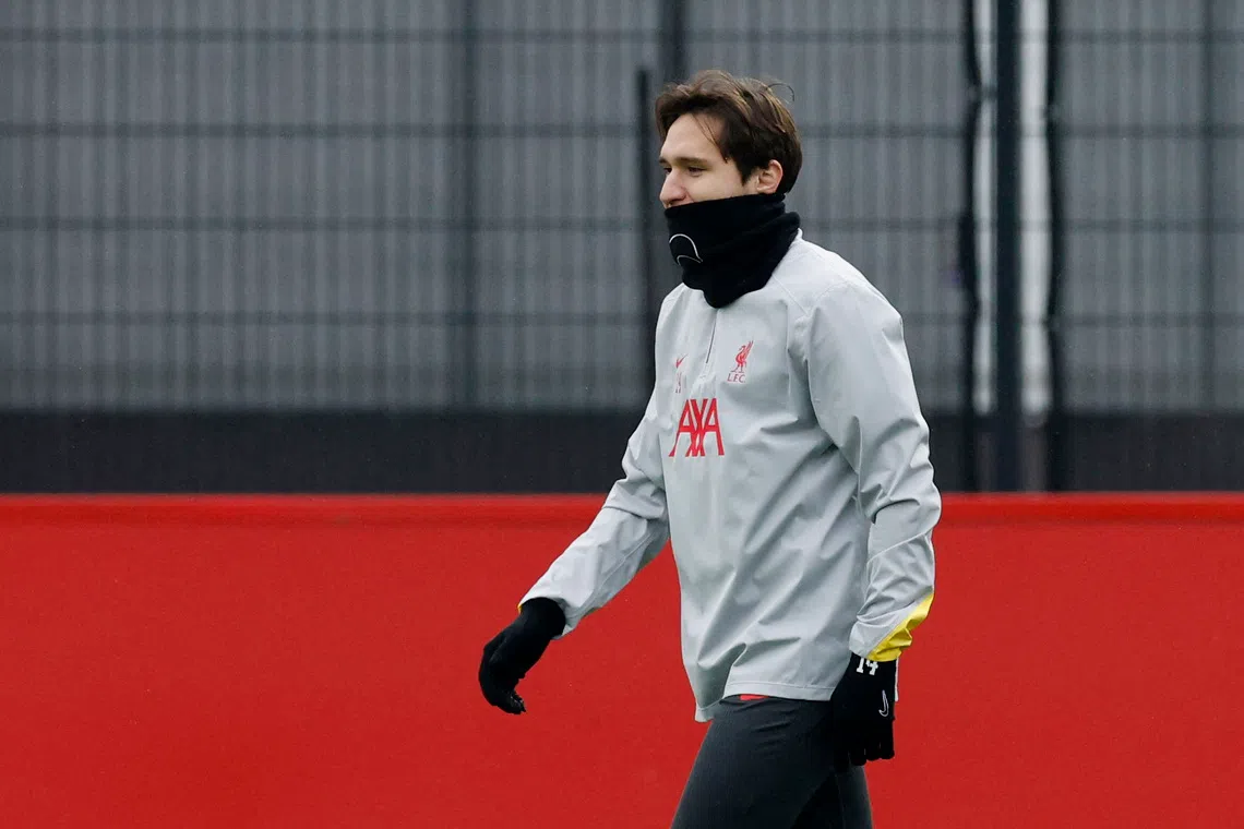 Soccer Football - Champions League - Liverpool Training - AXA Training Centre, Liverpool, Britain - January 20, 2025  Liverpool's Federico Chiesa during training Action Images via Reuters/Jason Cairnduff