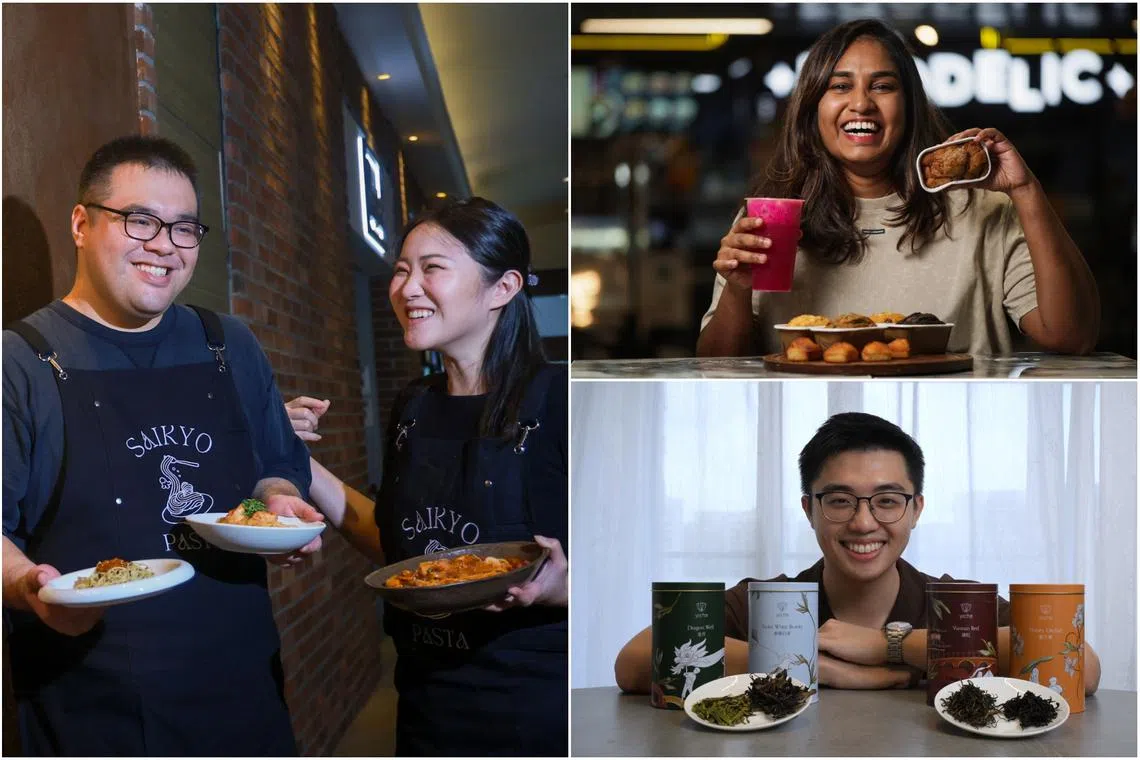 (Clockwise from left) Saikyo Pasta’s husband-and-wife duo Arya Masagung and Angeline Chandraatmadja, Daily Fruit’s S. Aiswarya and Yecha’s Vincent Tay.