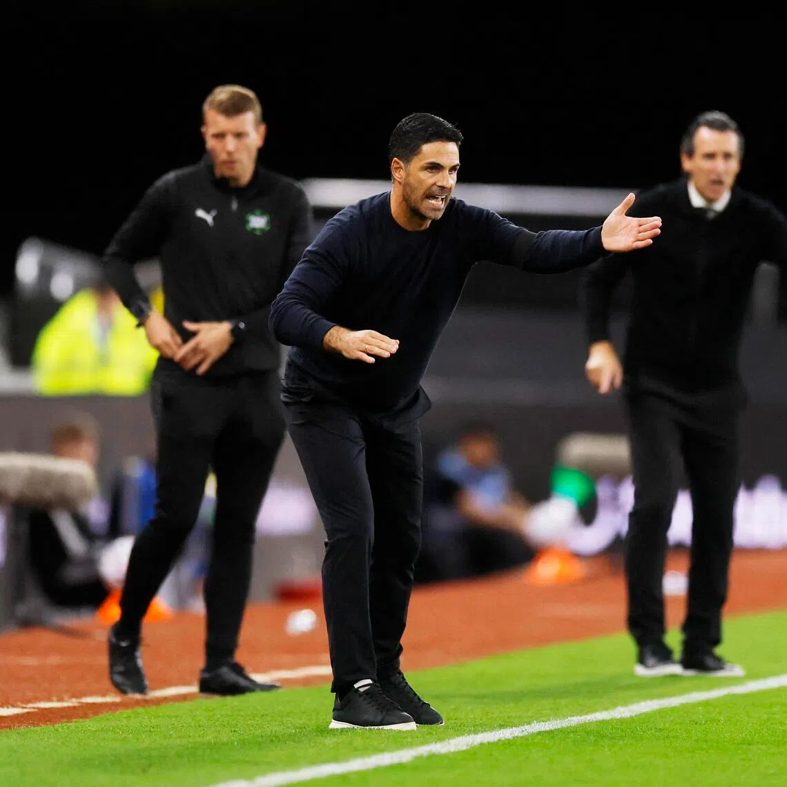 Arsenal manager Mikel Arteta (centre) during the Premier League match against Aston Villa on Aug 31.