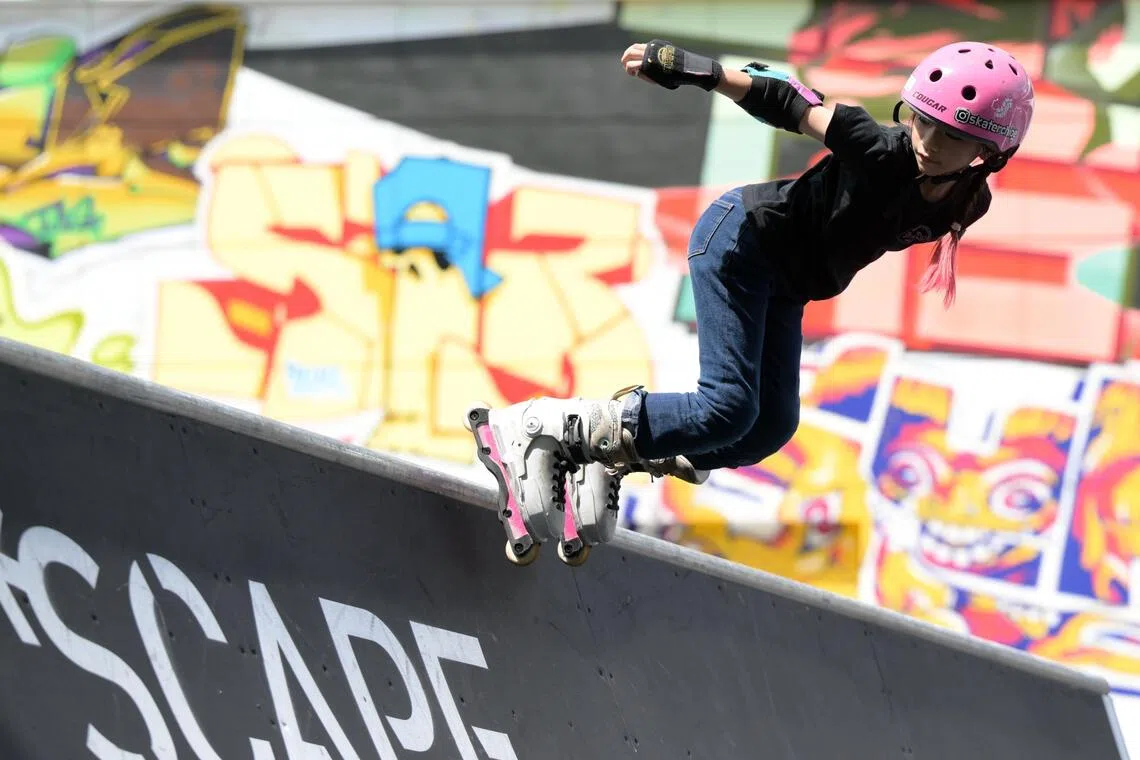 Eight years old Chloe Chua, an inline skater at Festival International des Sports Extr?mes (FISE) at *SCAPE on Nov 23, 2025.