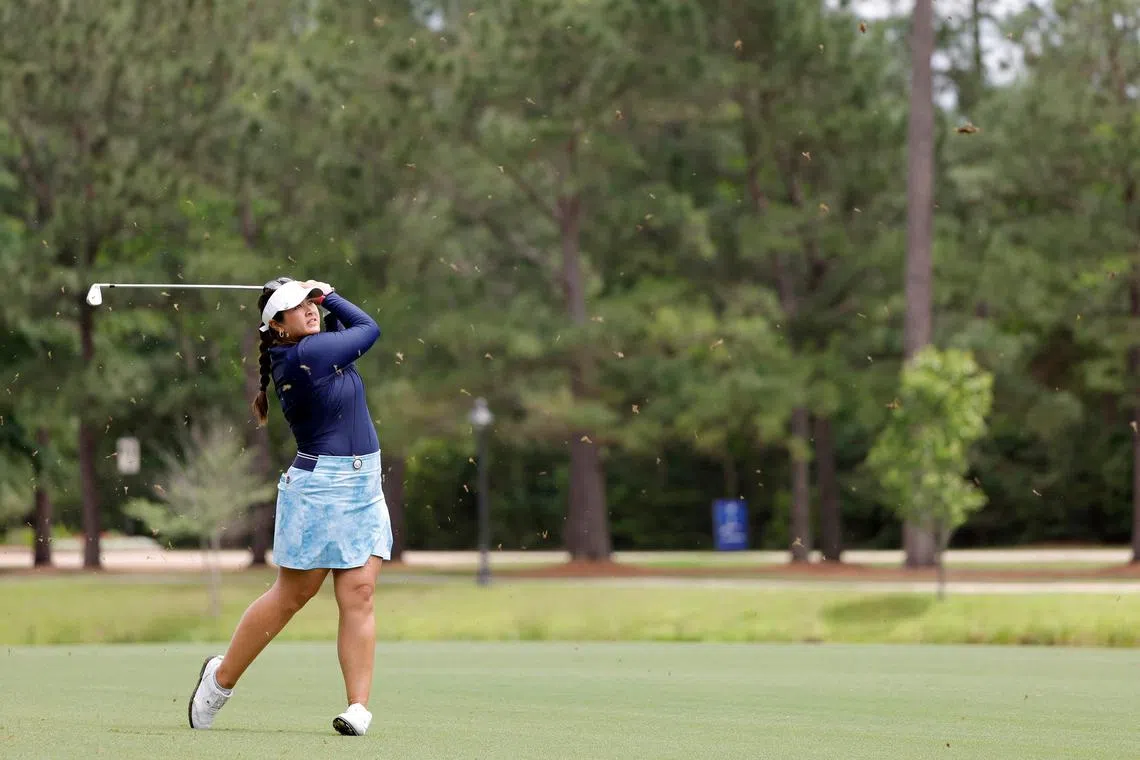 Lilia Vu of the United States plays a shot on the tenth hole during the second round of the Chevron Championship.