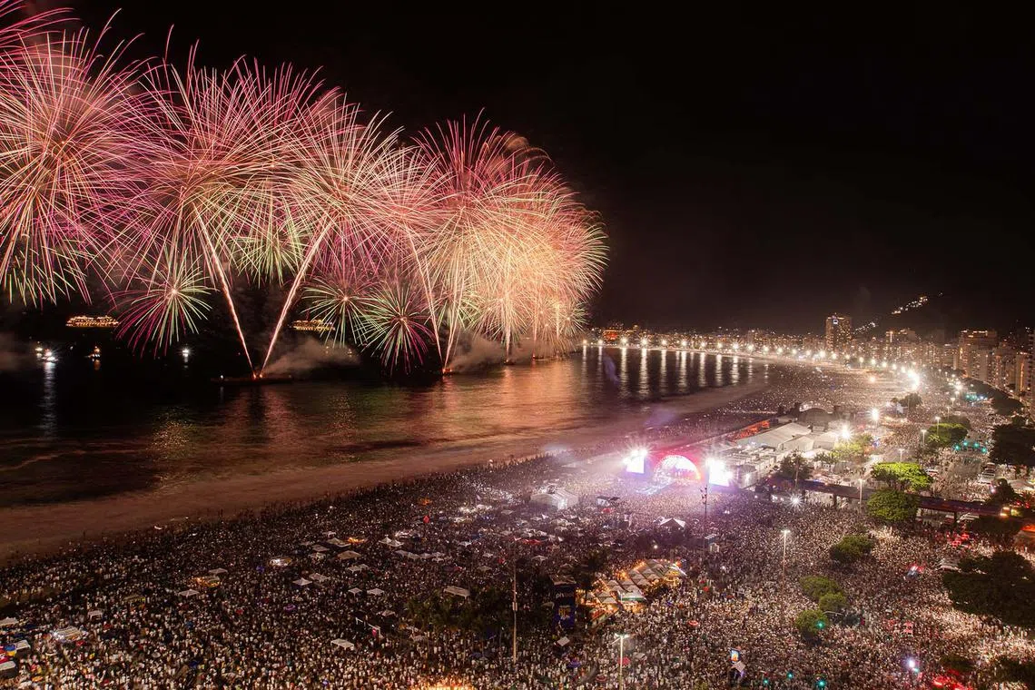 Fireworks in Copacabana beach during New Year Celebrations in Rio de Janeiro, Brazil, Jan 1, 2024. 