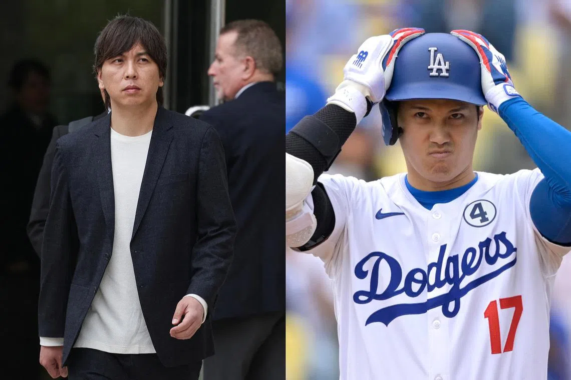 Ippei Mizuhara (left) leaving court after his court hearing on June 4, where he pleaded guilty to stealing nearly US$17 million (S$23 million) from the baseball star's bank account to pay off his own gambling debts.