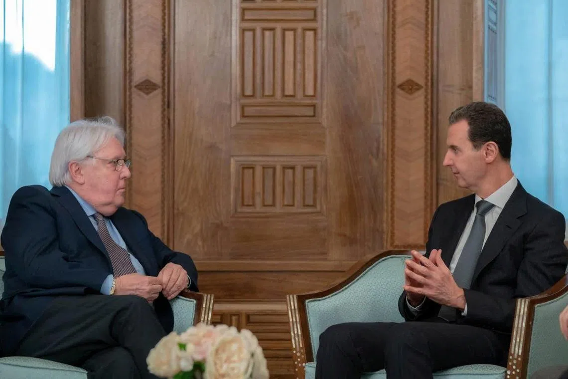Syrian President Bashar al-Assad (right) meets with  UN aid chief Martin Griffiths in Damascus, Syria, on Feb 13.