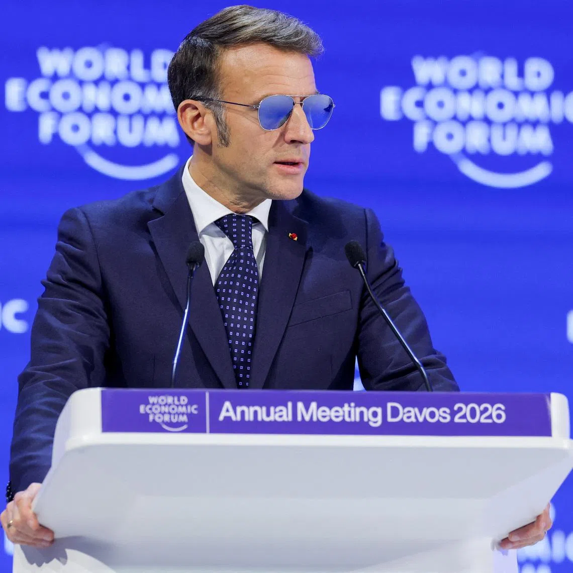 France's President Emmanuel Macron attends the 56th annual World Economic Forum (WEF) meeting in Davos, Switzerland, January 20, 2026. REUTERS/Denis Balibouse