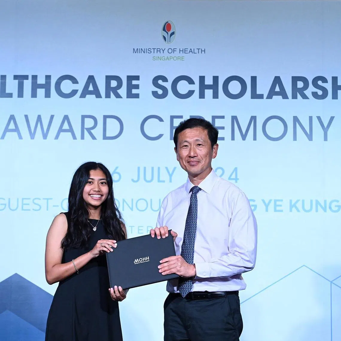 Sarah Anyssa Nor Azmi received her scholarship from Health Minister Ong Ye Kung during the Healthcare Scholarships Awards Ceremony on July 26 , 2024 which honour successful scholarship candidates from 13 health science and other healthcare disciplines, recognising their achievements and commitment to serving in the public healthcare sector at Raffles City Convention Centre, Stamford Ballroom.