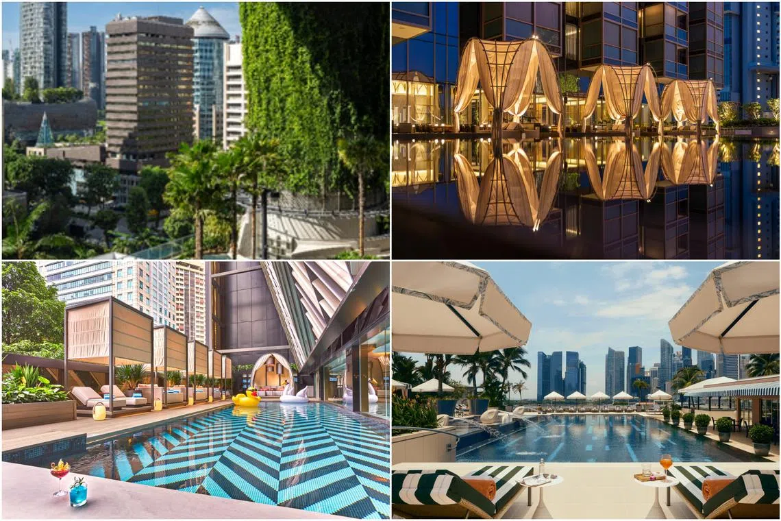 (Clockwise from top left): The Beach and Garden Terrace at the new Pan Pacific Orchard hotel, oversized cabana canopies at Pullman Singapore Orchard's P.S.O Beach Club, and the pool terrace at the Mandarin Oriental, Singapore.