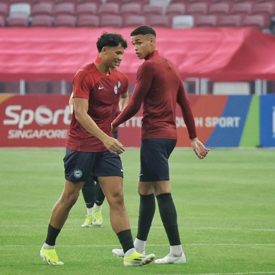 Singapore’s Ikhsan Fandi (left) and Ilhan Fandi (right) during a training session at National Stadium on March 20, 2024. World Cup qualifiers preview of Singapore v China.