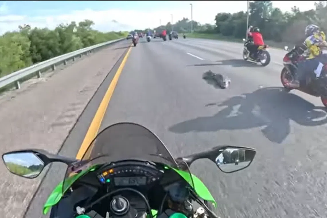 Footage of the incident shows motorcycles passing by the alligator, which appears to be stationary in the middle of the road.